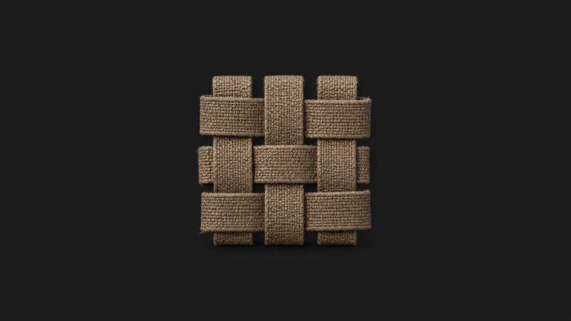 Abstract a lattice of interwoven jute webbing straps motif centred on a seamless deep charcoal near-black studio background, generous empty margin for overlaid branding