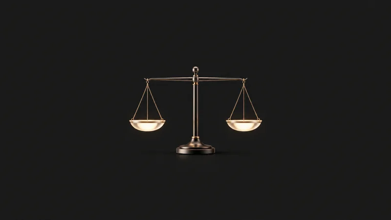 Abstract a balanced beam of light with two glowing pans in equilibrium motif centred on a seamless deep charcoal near-black studio background, generous empty margin for overlaid branding