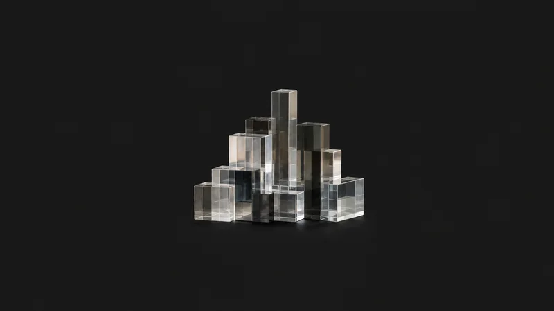 Abstract an extruded grid of glass blocks rising to different heights motif centred on a seamless deep charcoal near-black studio background, generous empty margin for overlaid branding