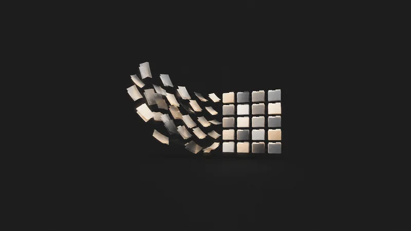 Abstract a stream of small glowing tabs settling into an even grid motif centred on a seamless deep charcoal near-black studio background, generous empty margin for overlaid branding