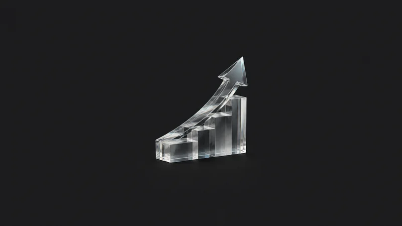 Abstract a rising arrow of translucent steps climbing across a field motif centred on a seamless deep charcoal near-black studio background, generous empty margin for overlaid branding