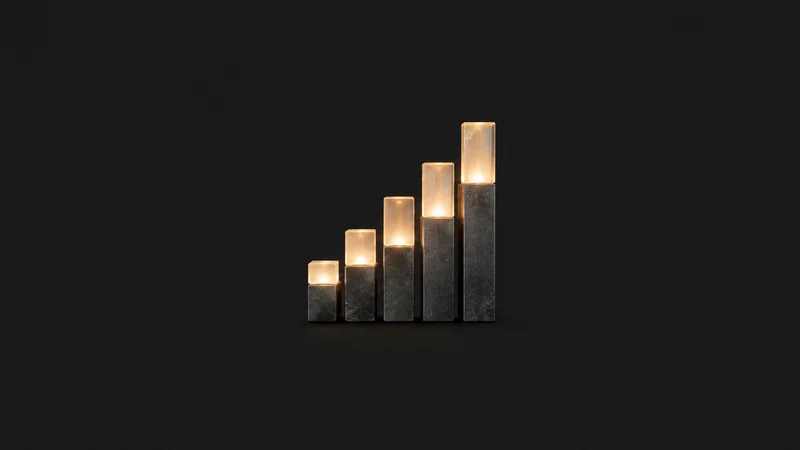 Abstract a candlestick-like column of glowing blocks rising in steps motif centred on a seamless deep charcoal near-black studio background, generous empty margin for overlaid branding