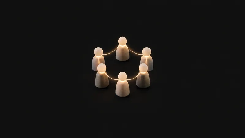 Abstract a circle of glowing figure-like pillars linked by soft light motif centred on a seamless deep charcoal near-black studio background, generous empty margin for overlaid branding