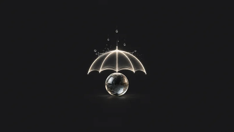 Abstract an umbrella of light arcs shielding a small sphere from falling drops motif centred on a seamless deep charcoal near-black studio background, generous empty margin for overlaid branding