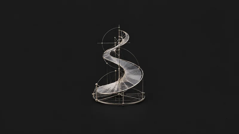 Abstract a spiral of drafted technical lines assembling into a clean form motif centred on a seamless deep charcoal near-black studio background, generous empty margin for overlaid branding
