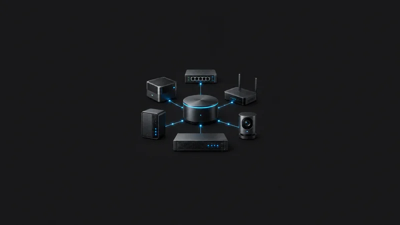 Abstract a ring of glowing devices orbiting a central hub motif centred on a seamless deep charcoal near-black studio background, generous empty margin for overlaid branding