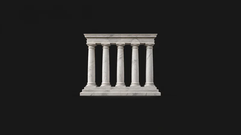 Abstract a colonnade of pale marble pillars in strict symmetry motif centred on a seamless deep charcoal near-black studio background, generous empty margin for overlaid branding