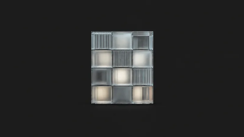 Abstract a grid of stacked apartment cells in frosted glass blocks motif centred on a seamless deep charcoal near-black studio background, generous empty margin for overlaid branding