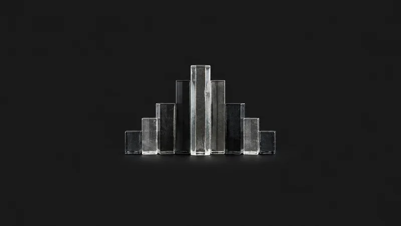 Abstract a skyline of stepped glass blocks rising to a central peak motif centred on a seamless deep charcoal near-black studio background, generous empty margin for overlaid branding