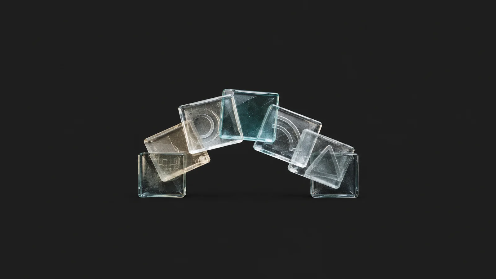 Abstract a bridge of overlapping glass letter tiles spanning a gap motif centred on a seamless deep charcoal near-black studio background, generous empty margin for overlaid branding