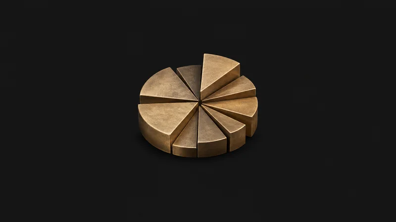Abstract a pie of stacked bronze wedges fanning from a central hub motif centred on a seamless deep charcoal near-black studio background, generous empty margin for overlaid branding