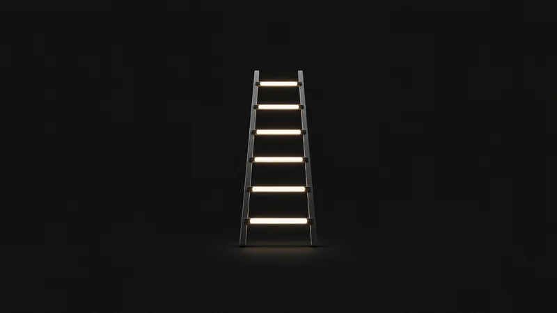 Abstract a rising ladder of glowing rungs built from syntax-like dashes motif centred on a seamless deep charcoal near-black studio background, generous empty margin for overlaid branding