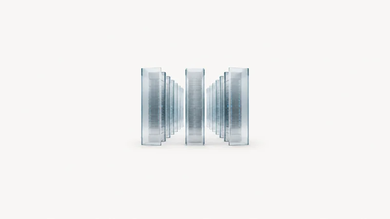 Abstract rows of translucent blade-like slabs receding into a cool haze motif centred on a seamless pale off-white studio background, generous empty margin for overlaid branding