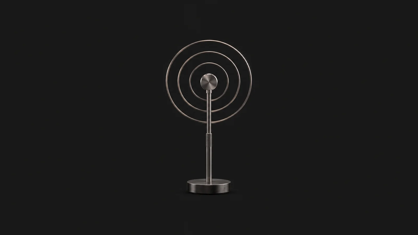 Abstract concentric sound rings expanding from a slender vertical rod motif centred on a seamless deep charcoal near-black studio background, generous empty margin for overlaid branding