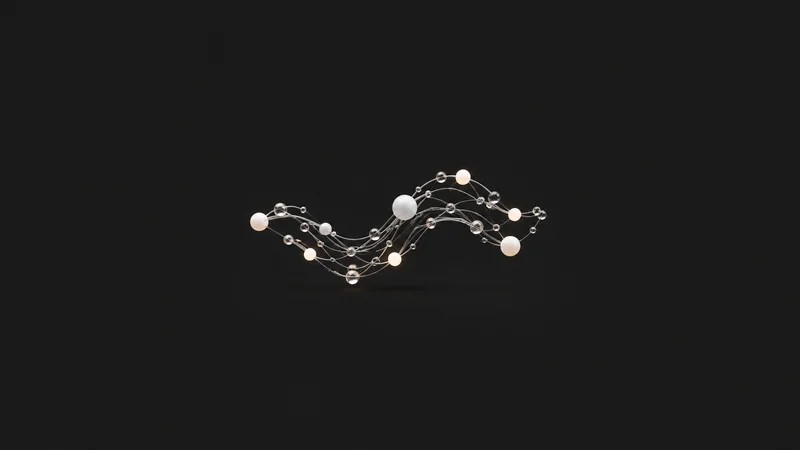 Abstract a flowing pipeline of luminous nodes joined by curved links motif centred on a seamless deep charcoal near-black studio background, generous empty margin for overlaid branding
