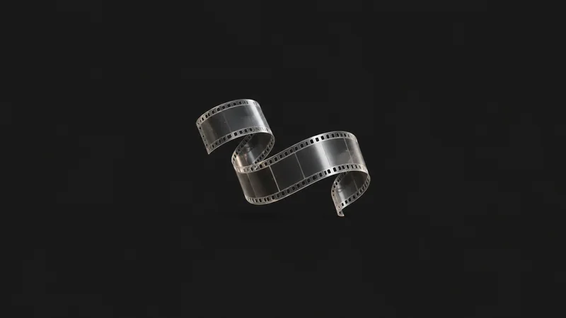Abstract a ribbon of translucent film frames curling through the air motif centred on a seamless deep charcoal near-black studio background, generous empty margin for overlaid branding