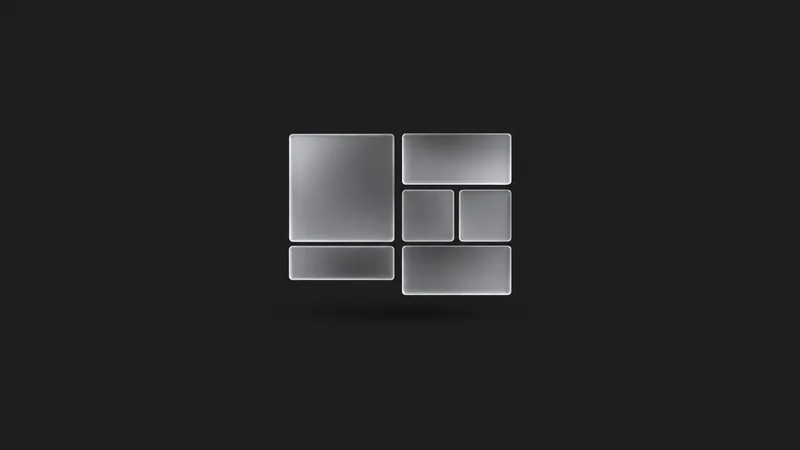 Abstract a floating grid of frosted panels aligned to a soft baseline motif centred on a seamless deep charcoal near-black studio background, generous empty margin for overlaid branding