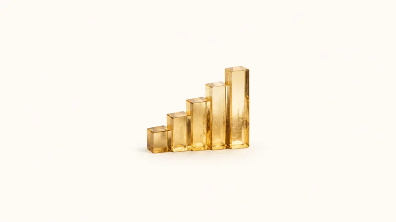 Abstract a rising stepped bar field of translucent gold slabs motif centred on a seamless pale off-white studio background, generous empty margin for overlaid branding