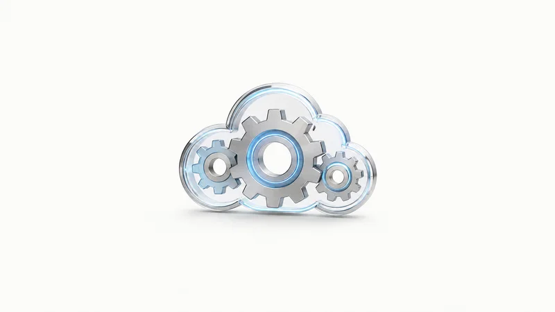 Abstract nested rotating gears rendered as luminous outlines motif centred on a seamless pale off-white studio background, generous empty margin for overlaid branding