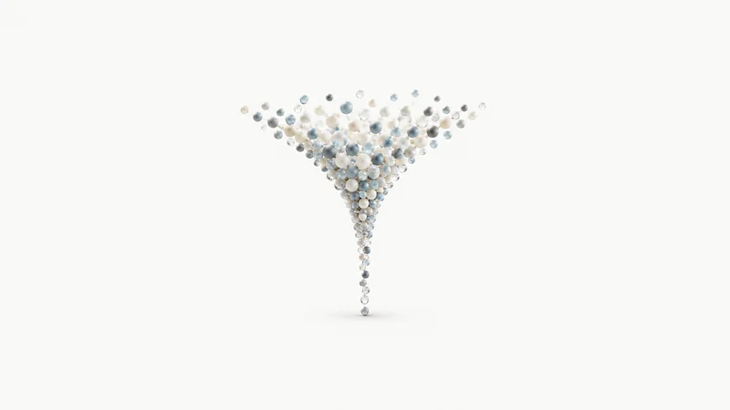 Abstract a funnel of flowing dots narrowing to a single stream motif centred on a seamless pale off-white studio background, generous empty margin for overlaid branding
