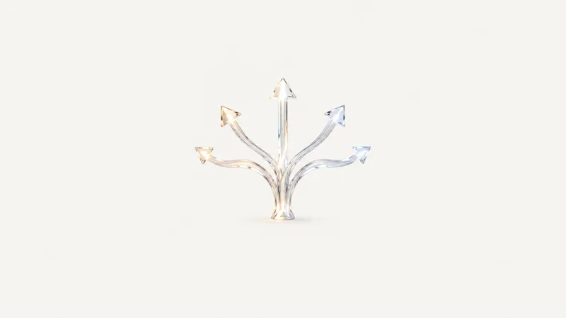 Abstract branching arrows of light fanning from a single origin motif centred on a seamless pale off-white studio background, generous empty margin for overlaid branding