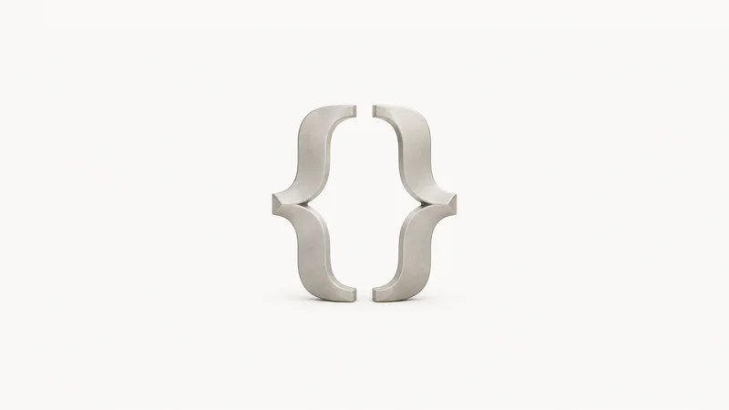 Abstract a curly-brace geometry mirrored into a symmetrical form motif centred on a seamless pale off-white studio background, generous empty margin for overlaid branding