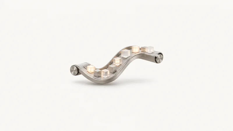 Abstract a flowing conveyor ribbon of luminous cubes motif centred on a seamless pale off-white studio background, generous empty margin for overlaid branding
