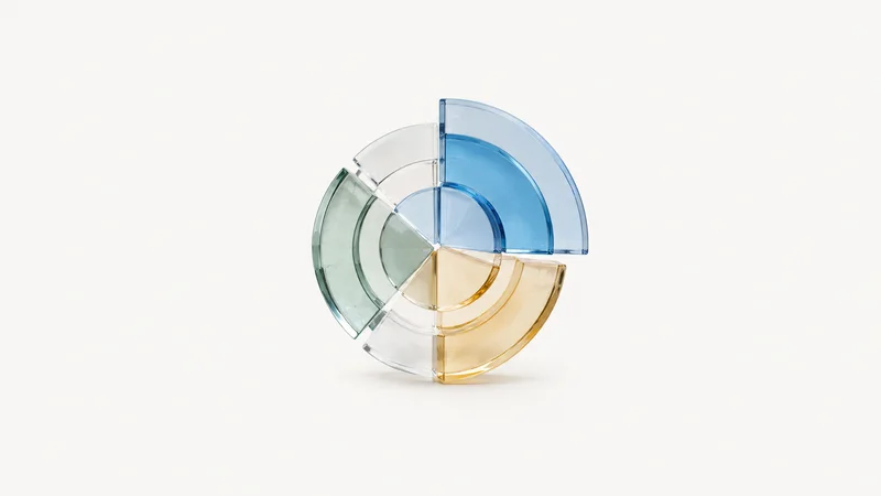 Abstract concentric arcs of translucent pie-slice wedges motif centred on a seamless pale off-white studio background, generous empty margin for overlaid branding