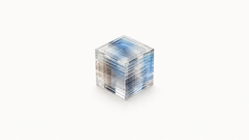 Abstract a cube of stacked translucent tensor slices motif centred on a seamless pale off-white studio background, generous empty margin for overlaid branding