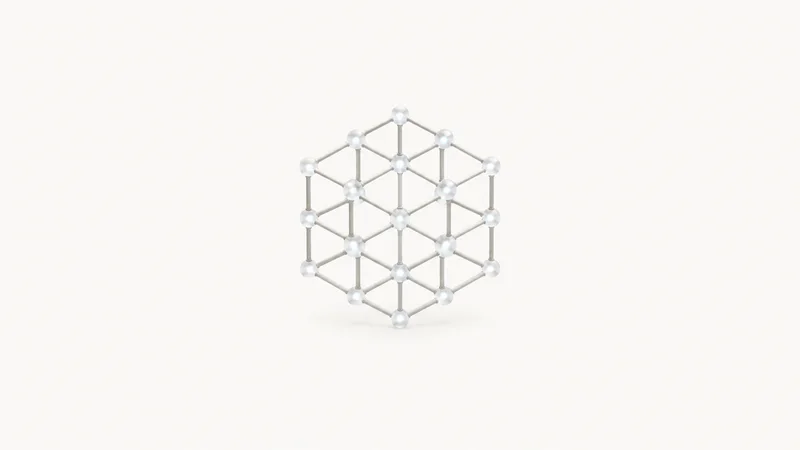 Abstract a hexagonal mesh of nodes lit at each junction motif centred on a seamless pale off-white studio background, generous empty margin for overlaid branding