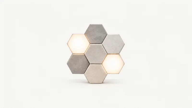 Abstract a honeycomb of soft-lit hexagonal cells with a few cells brighter than the rest motif centred on a seamless pale off-white studio background, generous empty margin for overlaid branding