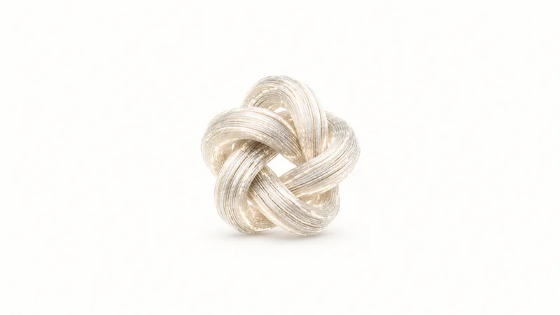 Abstract a woven mesh of glowing clause lines converging on a single knot motif centred on a seamless pale off-white studio background, generous empty margin for overlaid branding