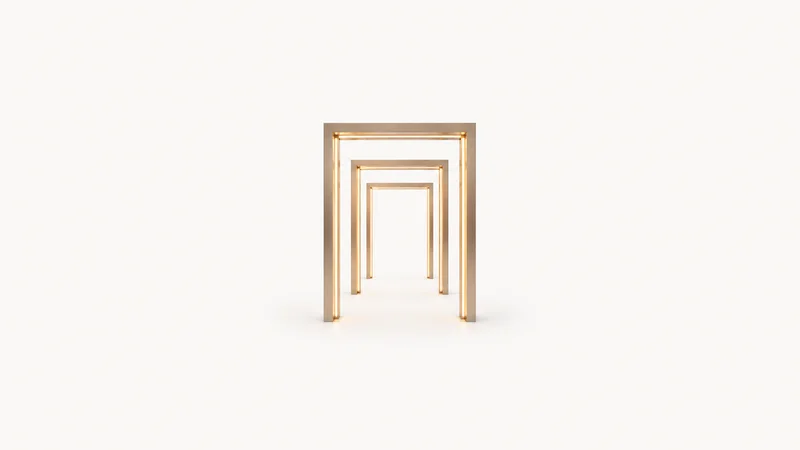 Abstract a lattice of glowing door frames arranged in a receding corridor motif centred on a seamless pale off-white studio background, generous empty margin for overlaid branding