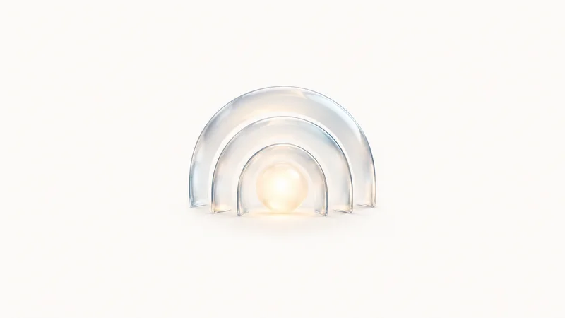 Abstract nested protective arcs of soft light layered around a central glow motif centred on a seamless pale off-white studio background, generous empty margin for overlaid branding