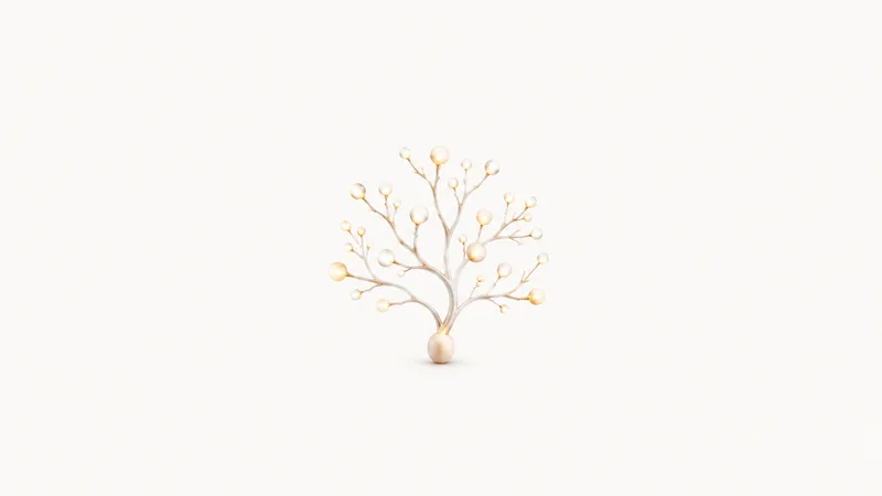 Abstract a branching tree of soft-lit nodes growing from a single seed point motif centred on a seamless pale off-white studio background, generous empty margin for overlaid branding