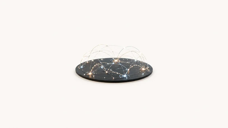 Abstract layered arcs of moving points tracing shipping lanes across a dark plane motif centred on a seamless pale off-white studio background, generous empty margin for overlaid branding