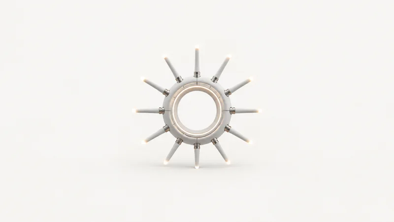 Abstract a ring of glowing antenna spokes around a hollow central hub motif centred on a seamless pale off-white studio background, generous empty margin for overlaid branding