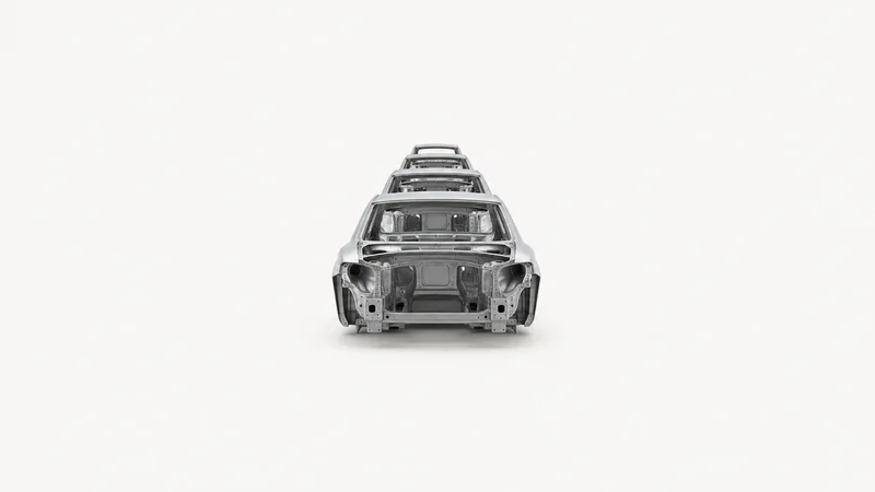 Abstract a receding row of car silhouettes on a conveyor motif centred on a seamless pale off-white studio background, generous empty margin for overlaid branding