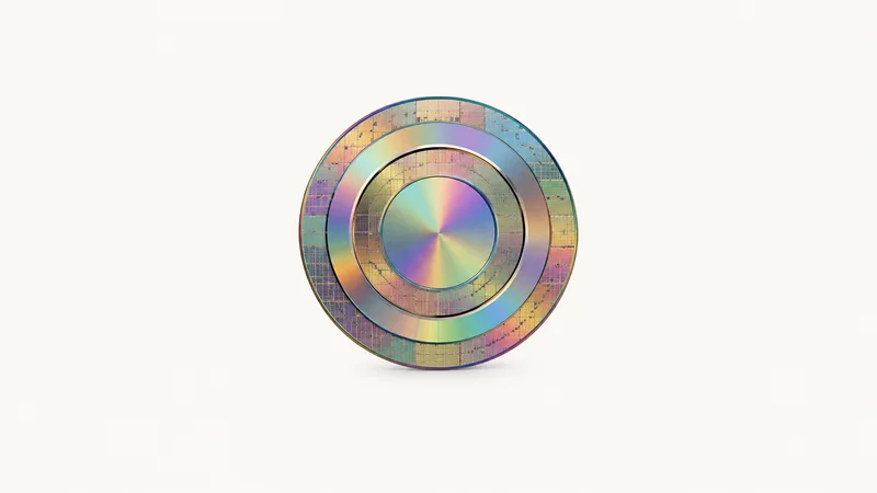 Abstract concentric wafer rings of thin-film colour motif centred on a seamless pale off-white studio background, generous empty margin for overlaid branding