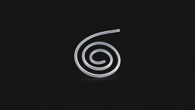 Abstract a spiral of catheter tubing in translucent white motif centred on a seamless deep charcoal near-black studio background, generous empty margin for overlaid branding