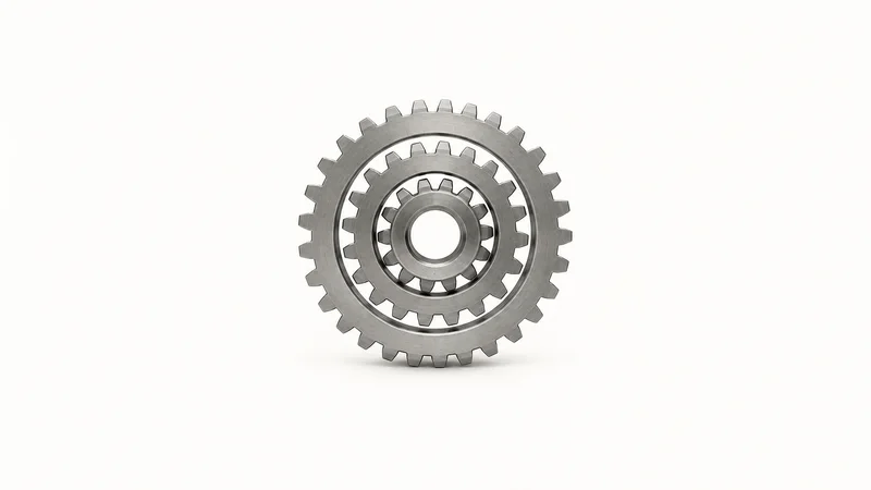 Abstract a nested set of gear-tooth rings in matte steel motif centred on a seamless pale off-white studio background, generous empty margin for overlaid branding