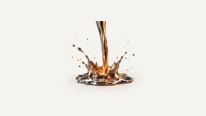 Abstract a stream of molten metal splashing into orange sparks motif centred on a seamless pale off-white studio background, generous empty margin for overlaid branding