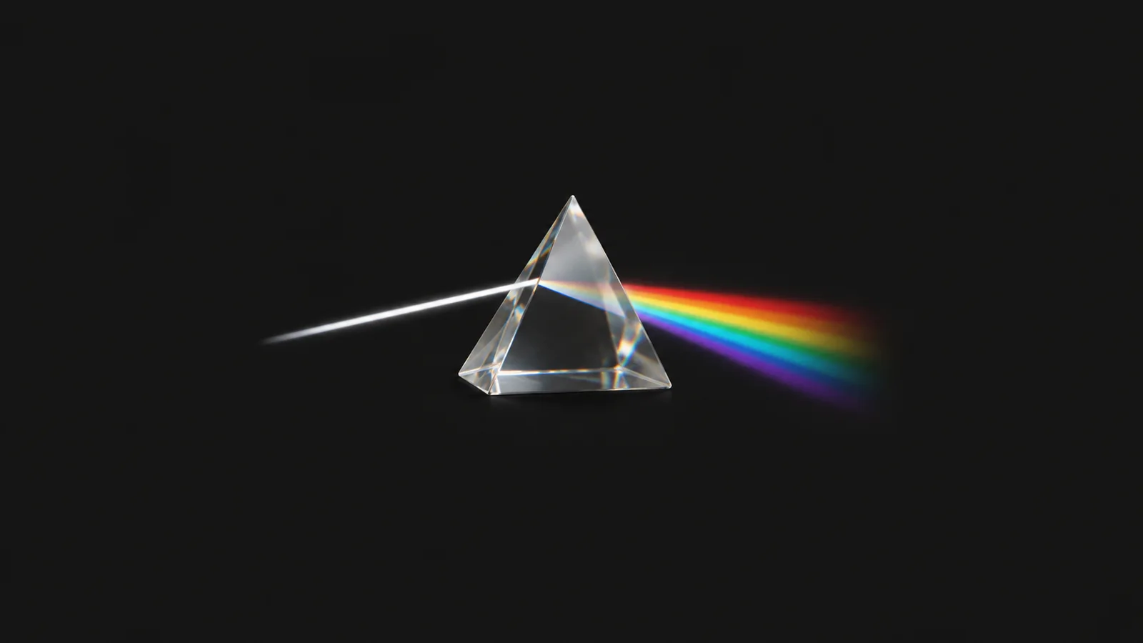 Abstract a fan of prism-split spectral bands motif centred on a seamless deep charcoal near-black studio background, generous empty margin for overlaid branding
