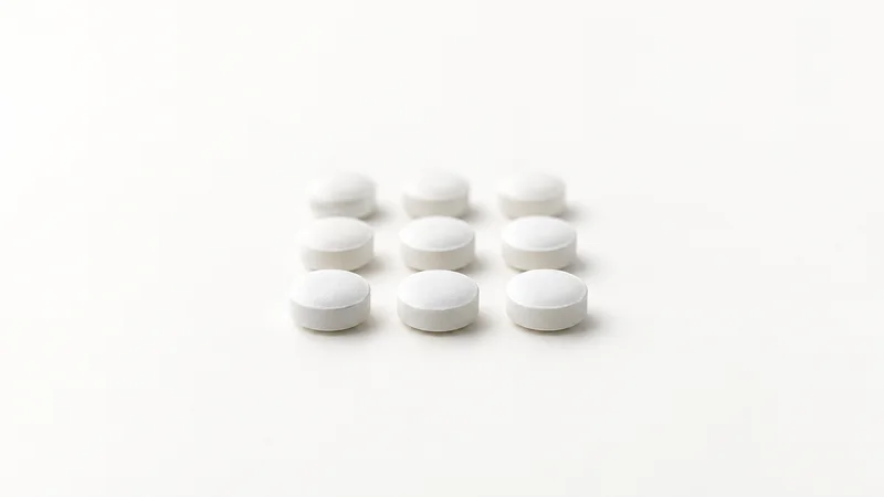 Abstract a grid of white tablets receding into soft focus motif centred on a seamless pale off-white studio background, generous empty margin for overlaid branding