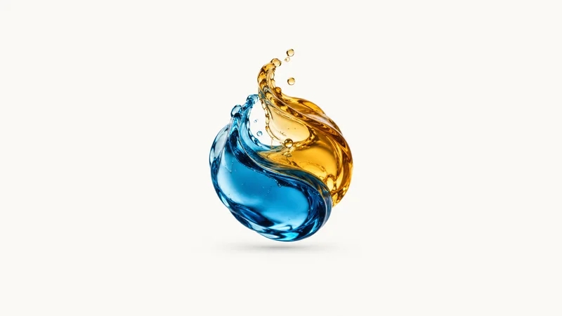 Abstract swirling immiscible liquids in blue and amber layers motif centred on a seamless pale off-white studio background, generous empty margin for overlaid branding