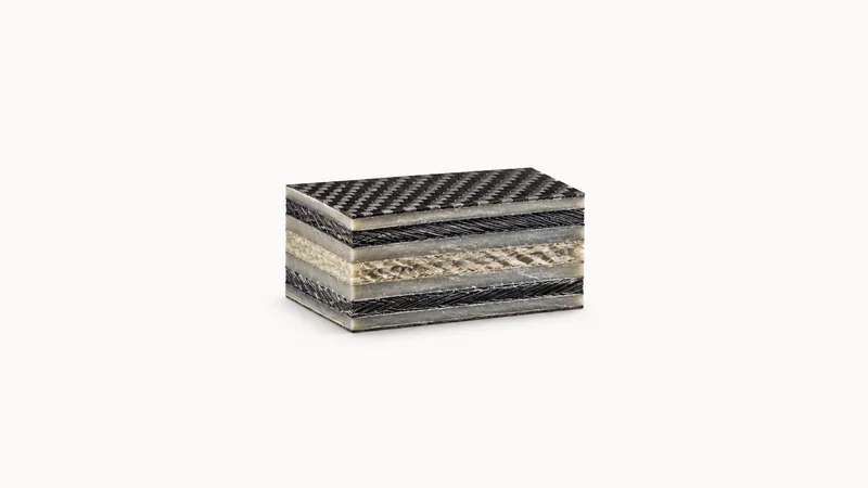 Abstract a cross-section of layered plies rendered as thin bands motif centred on a seamless pale off-white studio background, generous empty margin for overlaid branding