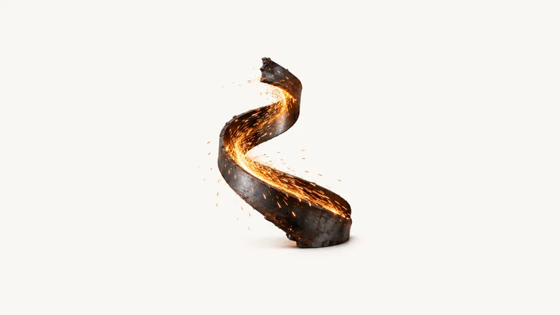 Abstract a river of sparks curving through darkness motif centred on a seamless pale off-white studio background, generous empty margin for overlaid branding