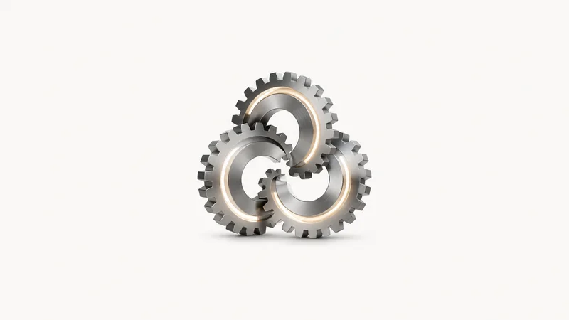 Abstract interlocking gear teeth rendered as glowing arcs motif centred on a seamless pale off-white studio background, generous empty margin for overlaid branding