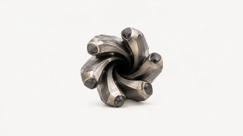 Abstract spiralling drill-bit flutes receding into shadow motif centred on a seamless pale off-white studio background, generous empty margin for overlaid branding
