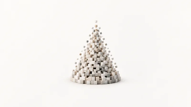 Abstract a voxel cloud of tiny cubes assembling into a cone motif centred on a seamless pale off-white studio background, generous empty margin for overlaid branding